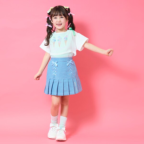 レースアップリボン 裾プリーツ スカパン(110cm ミント): キッズ