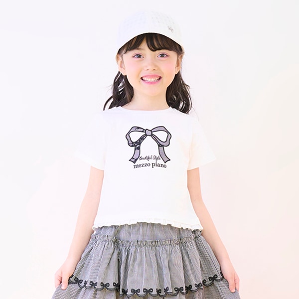 リボンアップリケ　半袖Tシャツ