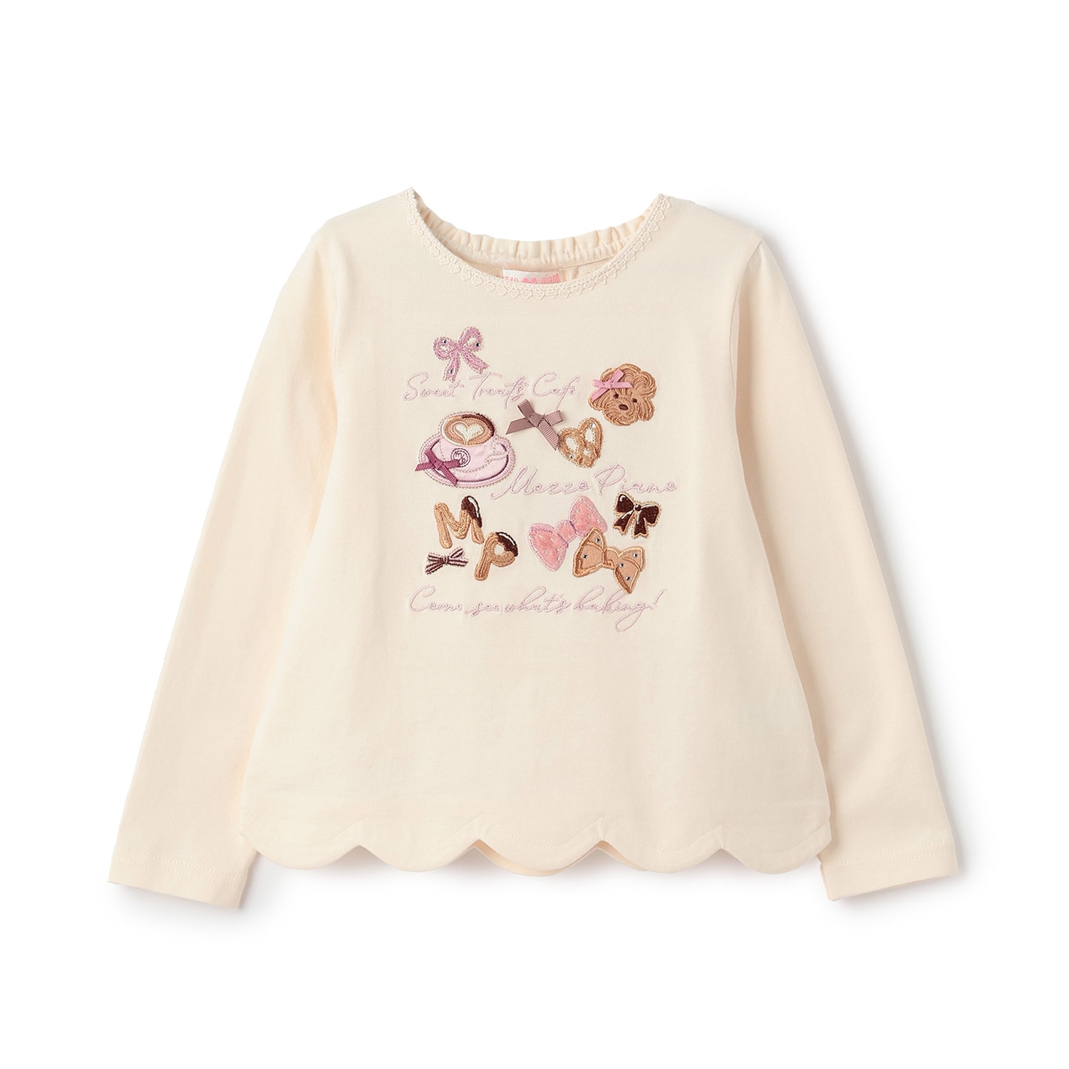 カフェアップリケ刺しゅう　裾スカラップ長袖Tシャツ
