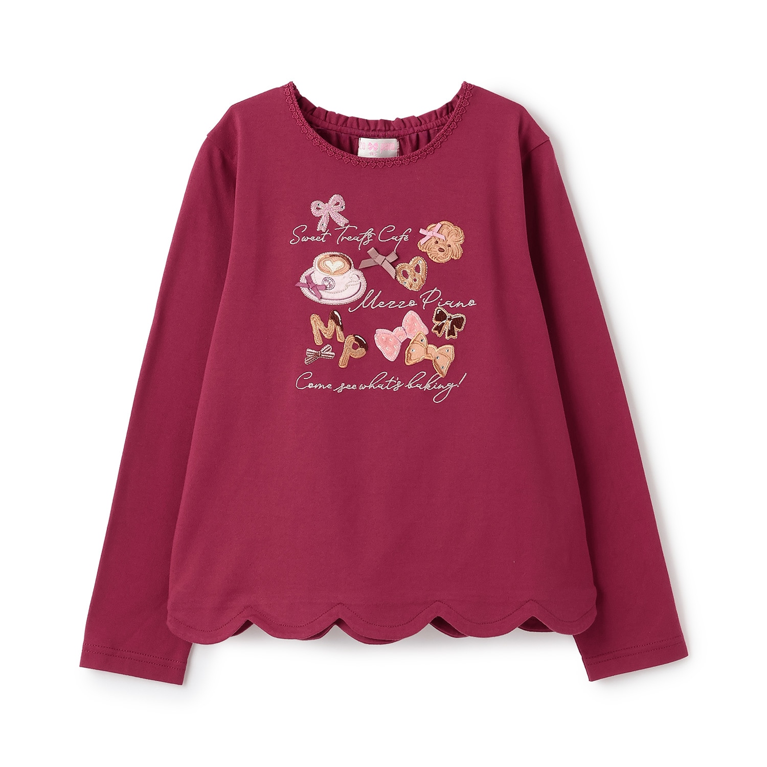 カフェアップリケ刺しゅう　裾スカラップ長袖Tシャツ