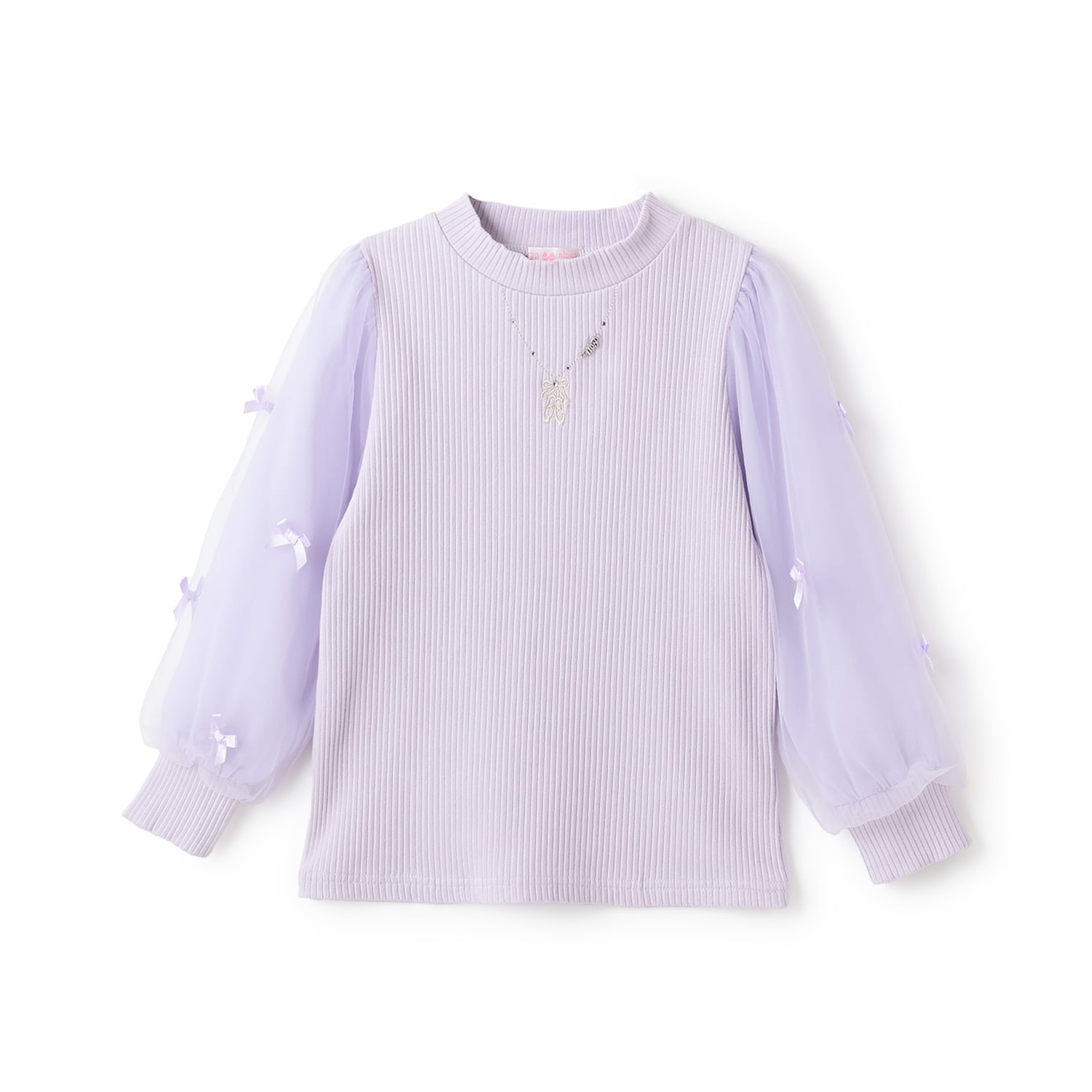 ネックレス刺しゅう　袖チュール　テレコ長袖Tシャツ