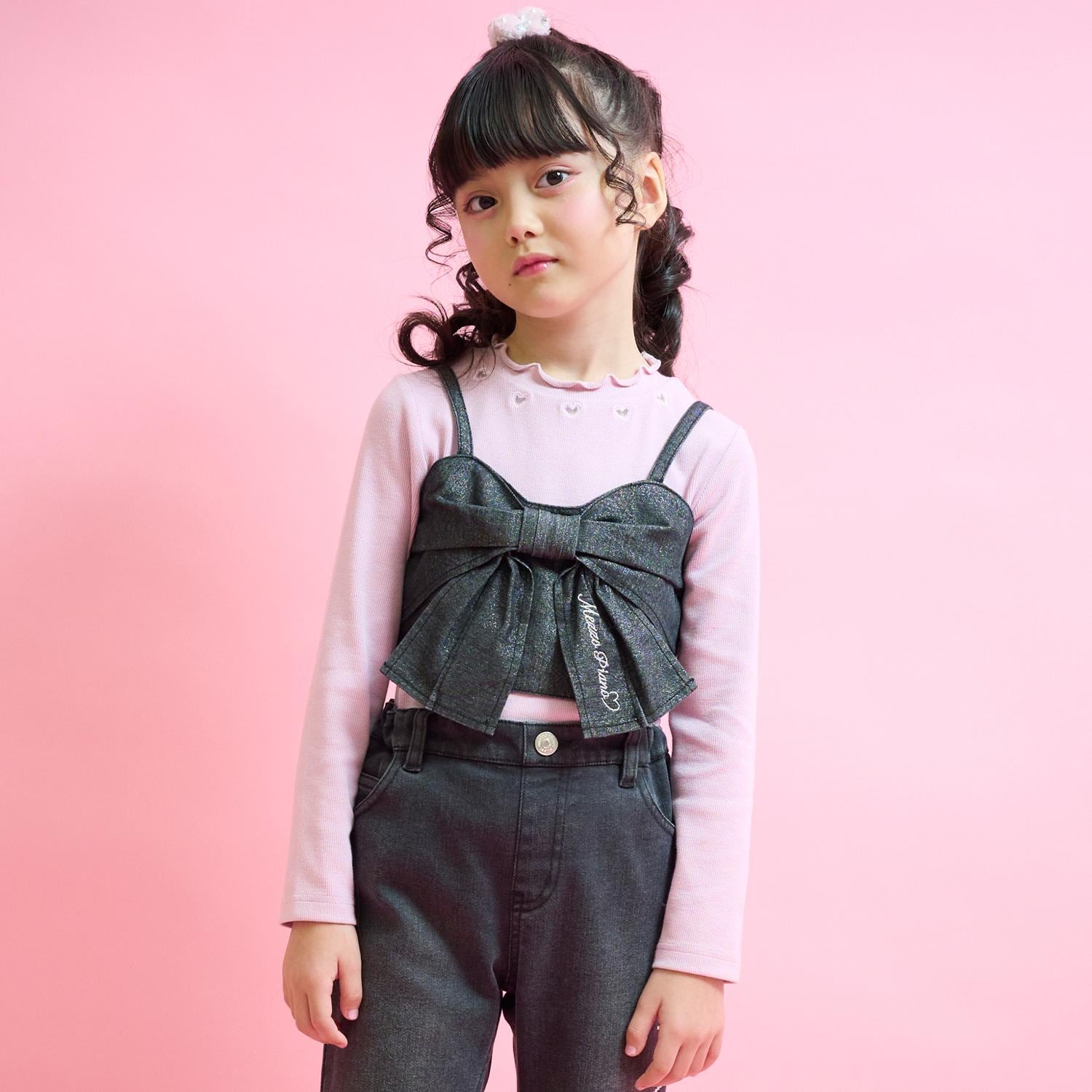 Lame Denim Ribbon Bustier & Long Sleeve T-Shirt Set