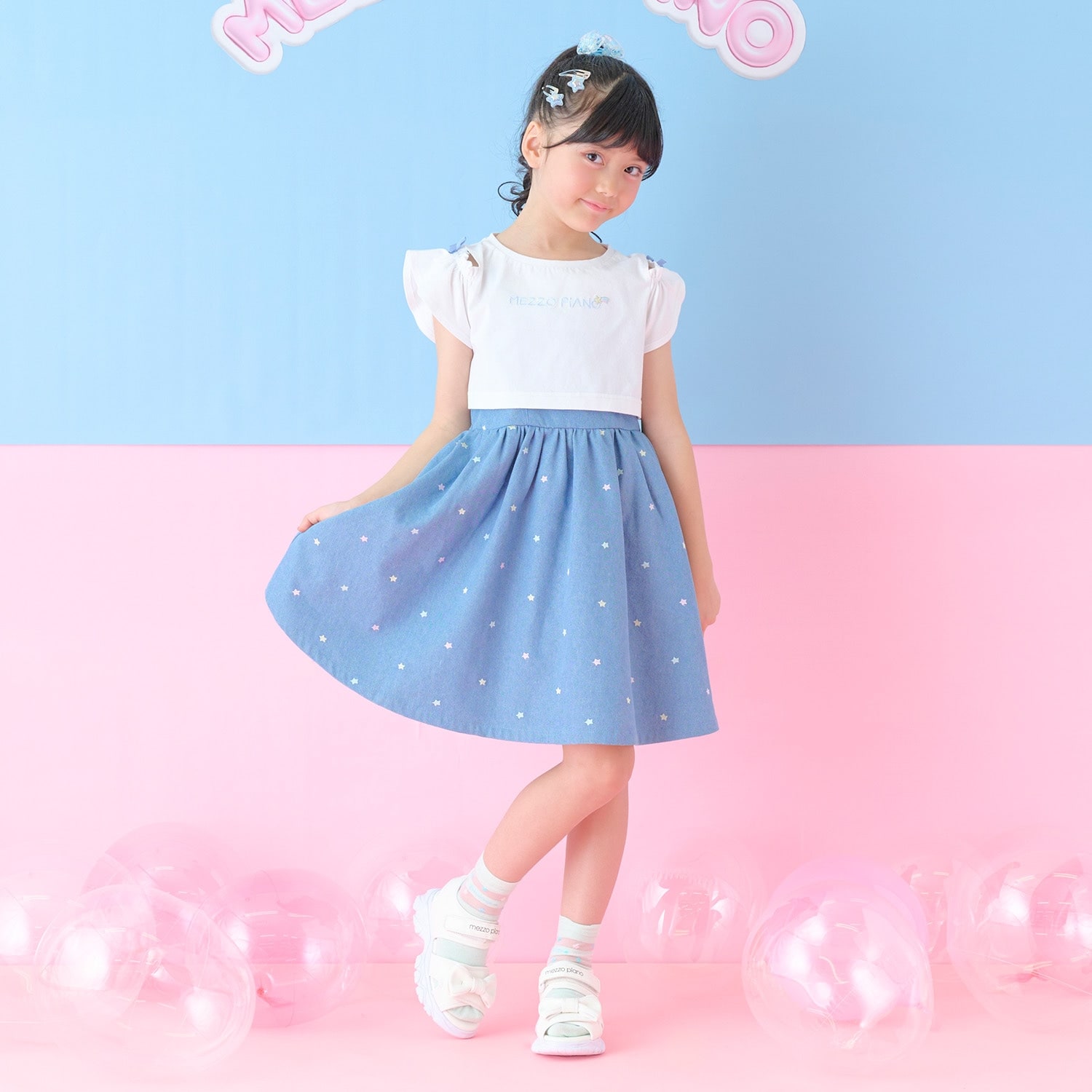 肩開き半袖Tシャツ&星キャミワンピースセット