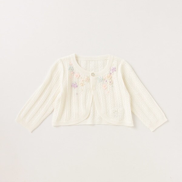 メゾピアノ　セレモニー　刺しゅう　ボレロ 花刺しゅう ニットボレロ(M(110-120) オフ ホワイト): キッズ