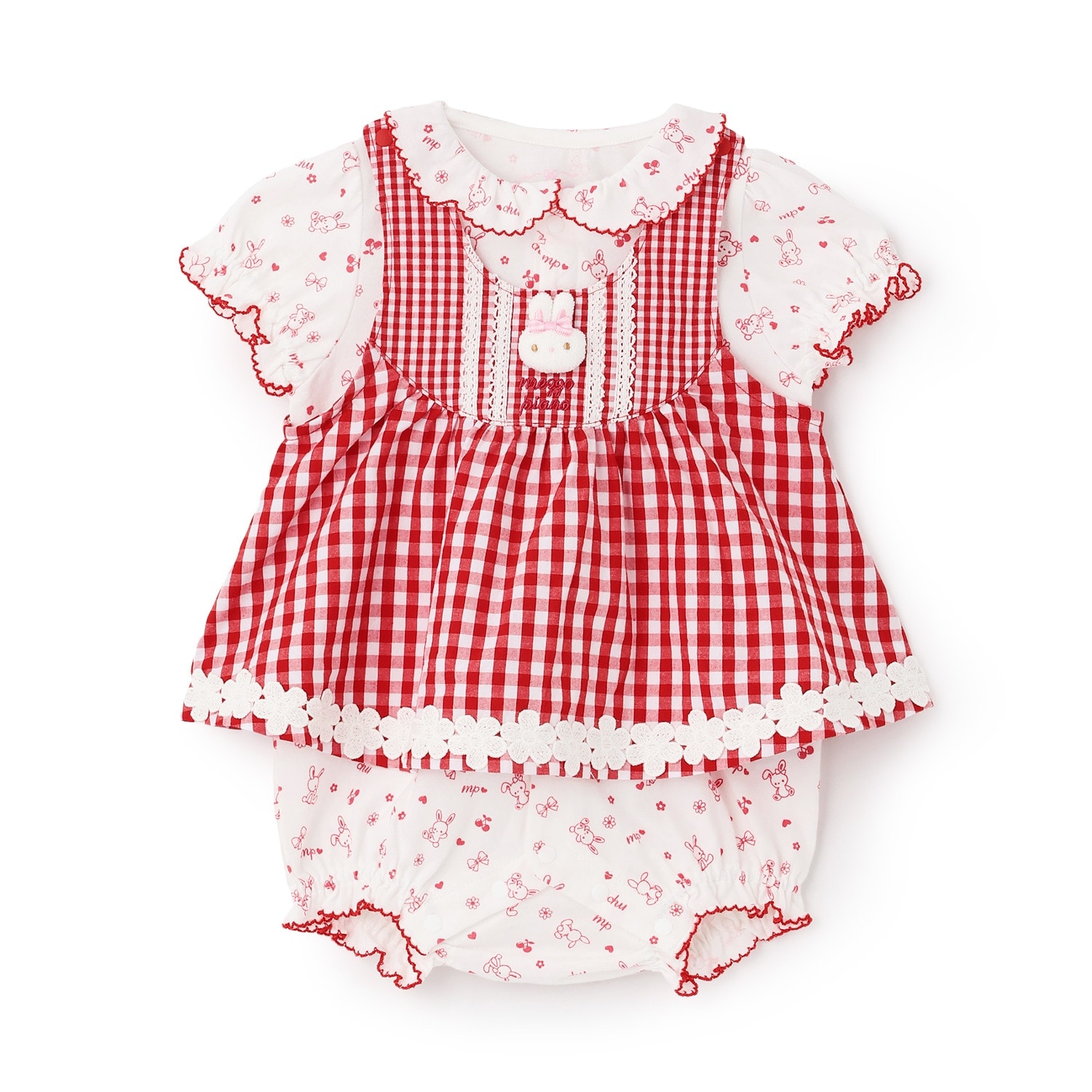 ウサギマスコットつきギンガムエプロン　ロンパース