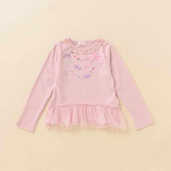 裾チュールフリルリボンネックレス風Tシャツ(110 ラベンダー