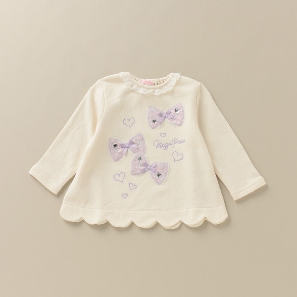 裏毛 リボンつき裾スカラップTシャツ