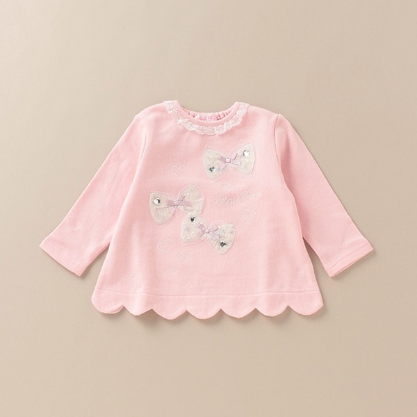 裏毛 リボンつき裾スカラップTシャツ