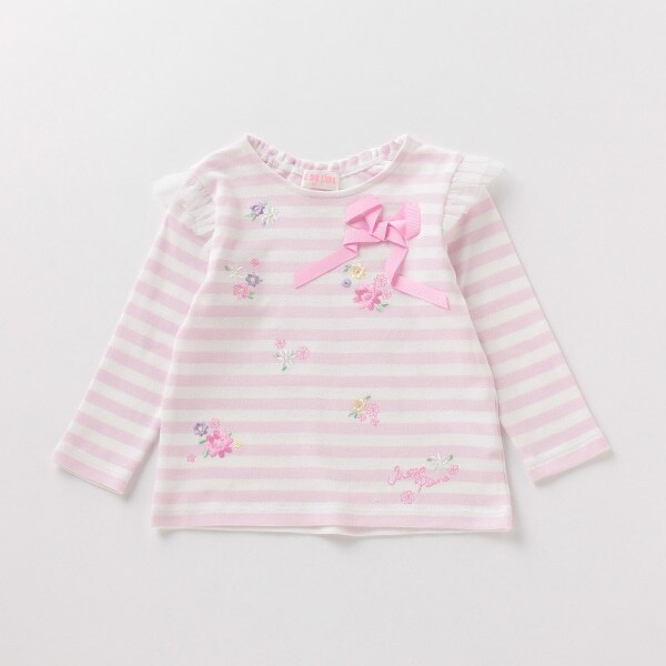 花刺しゅうボーダーフリルTシャツ(90 ライト ピンク): キッズ