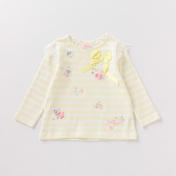 花刺しゅうボーダーフリルTシャツ(90 ライト ピンク): キッズ