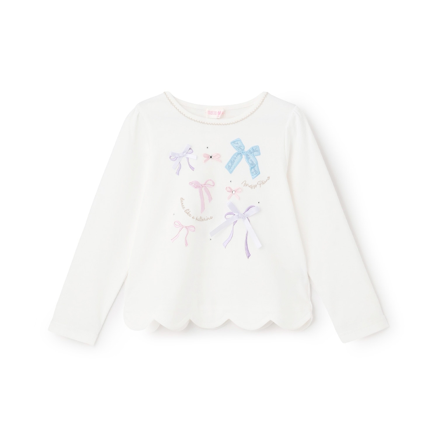 6051205：リボンイッパイ裾スカラップ長袖Tシャツ