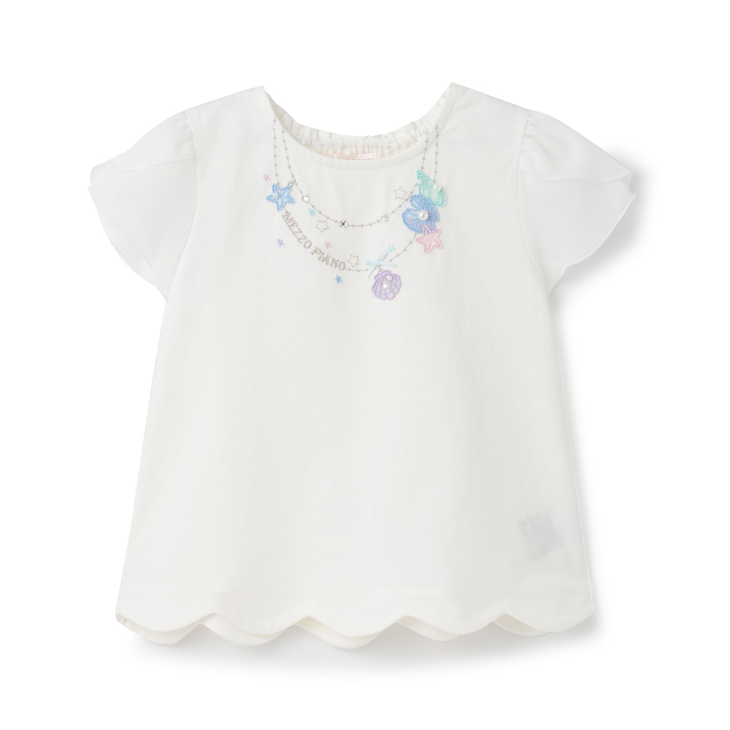 【人気商品再入荷】【直営店で取り扱い無し】シェルネックレス刺しゅう　裾スカラップTシャツ