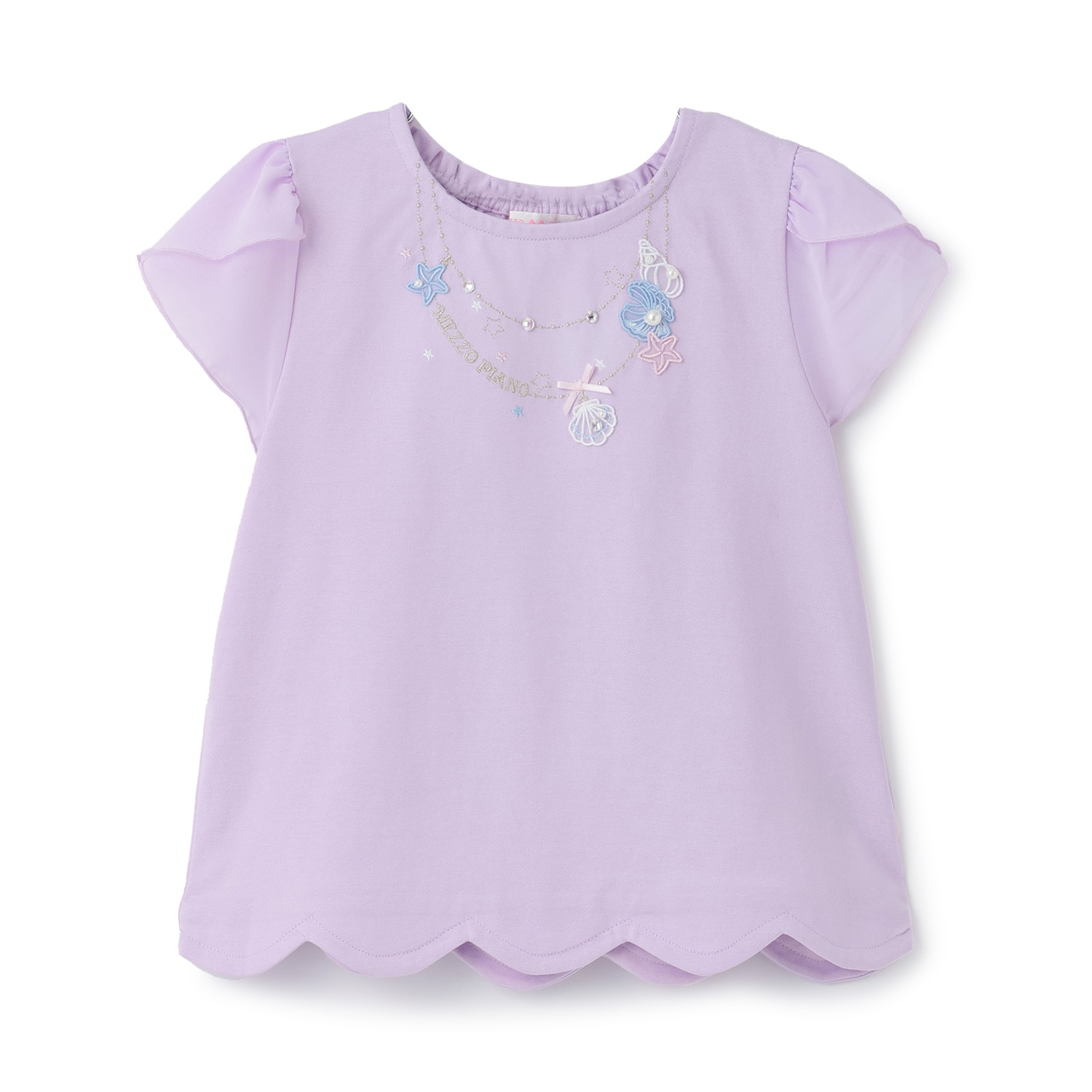 【人気商品再入荷】【直営店で取り扱い無し】シェルネックレス刺しゅう　裾スカラップTシャツ