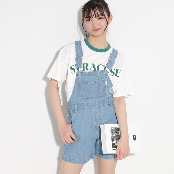 アジャスター付き】デニムショートサロペット(S(140) 加工ライト