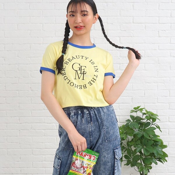 Y2K気分♪配色リンガー刺繍Tシャツ(S(140) イエロー): ジュニア