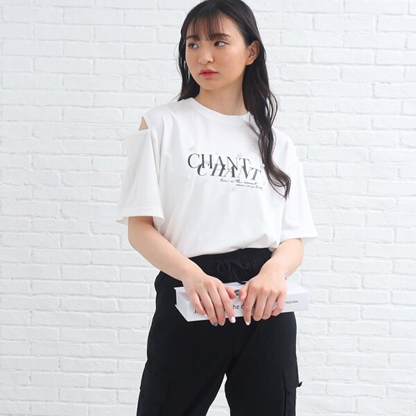 フェイクパール付きロゴTシャツ