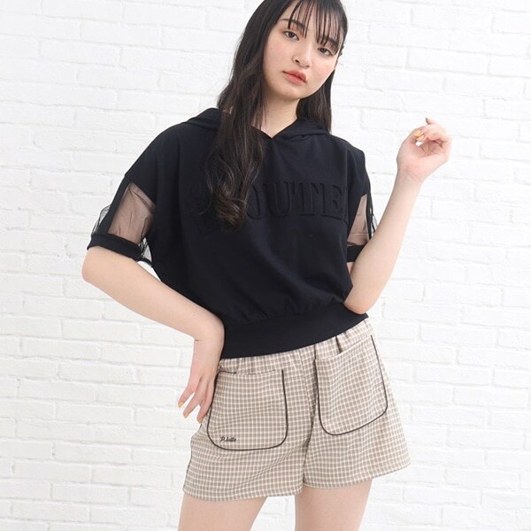 袖シアー短丈パーカ