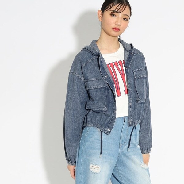 クロップドデニムフードジャケット(S(140) 加工ライトブルー