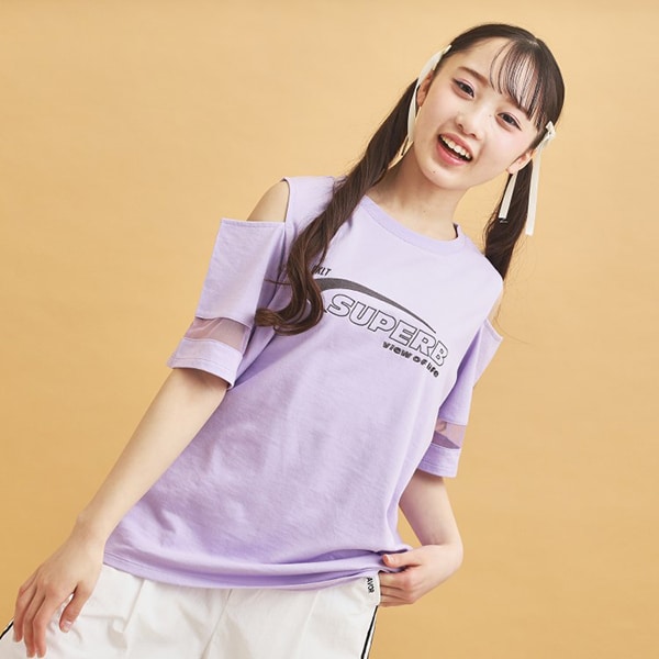 チュール切替肩あきTシャツ