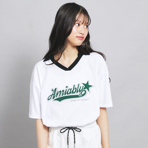【接触冷感】Vネック衿付きアップリケビッグTシャツ