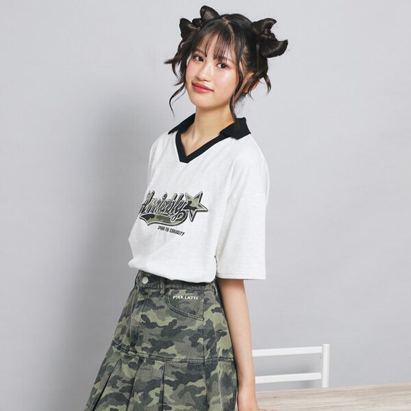 【接触冷感】Vネック衿付きアップリケビッグTシャツ