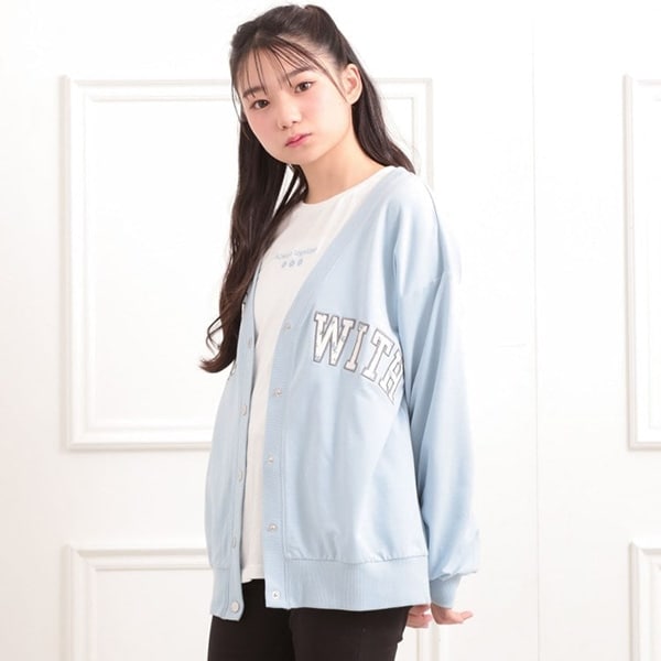 Vネックカレッジアップリケ裏毛カーディガン