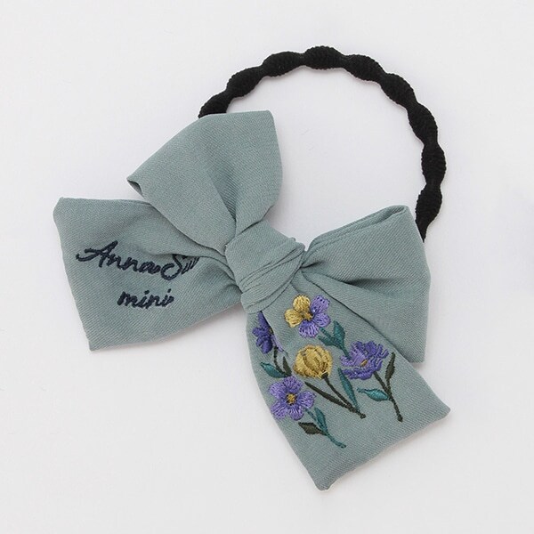 花刺しゅうリボンヘアゴム 【日本製】(F エメラルド グリーン): キッズ  