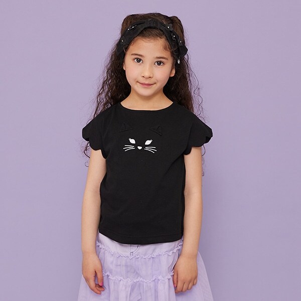 ネコ顔スカラップ半袖Tシャツ(90cm 黒): キッズ - ナルミヤ オンライン 