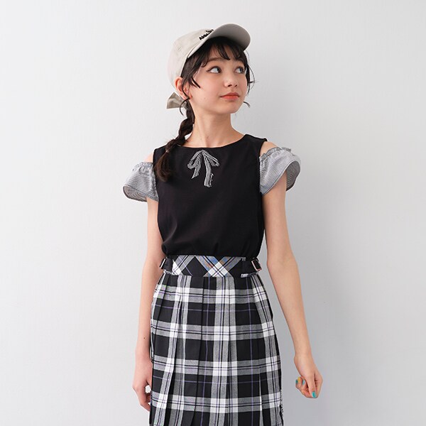 袖2WAYリボン刺しゅう半袖Tシャツ(120cm 黒): キッズ - ナルミヤ