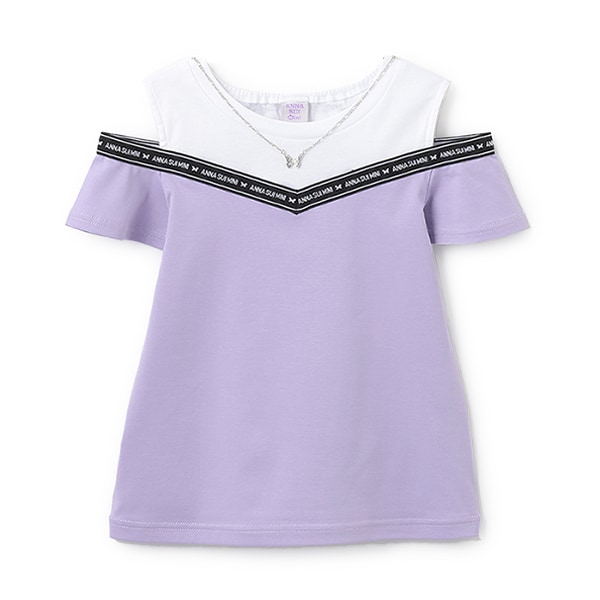 ネックレスつきロゴテープ肩あきTシャツ
