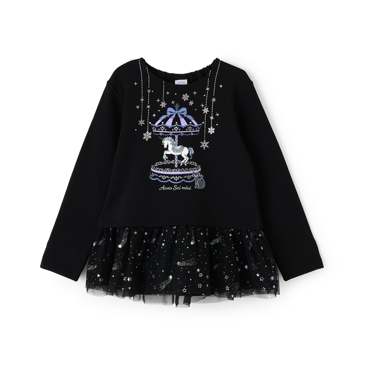 裾ペプラムチュールメリーゴーランドプリントトレーナー