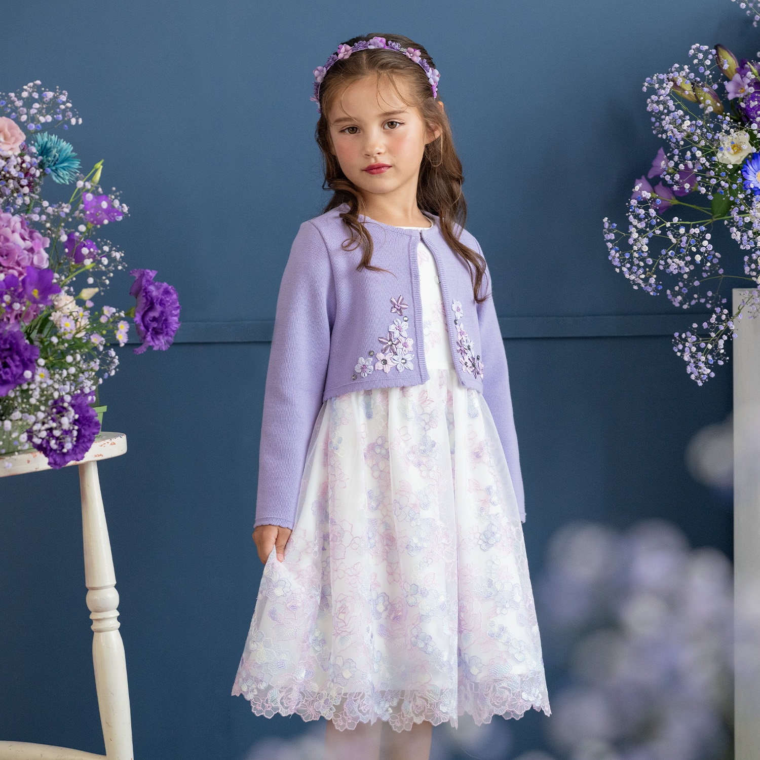 ceremony】華やぎフラワー総刺しゅうワンピース（日本製）(120cm