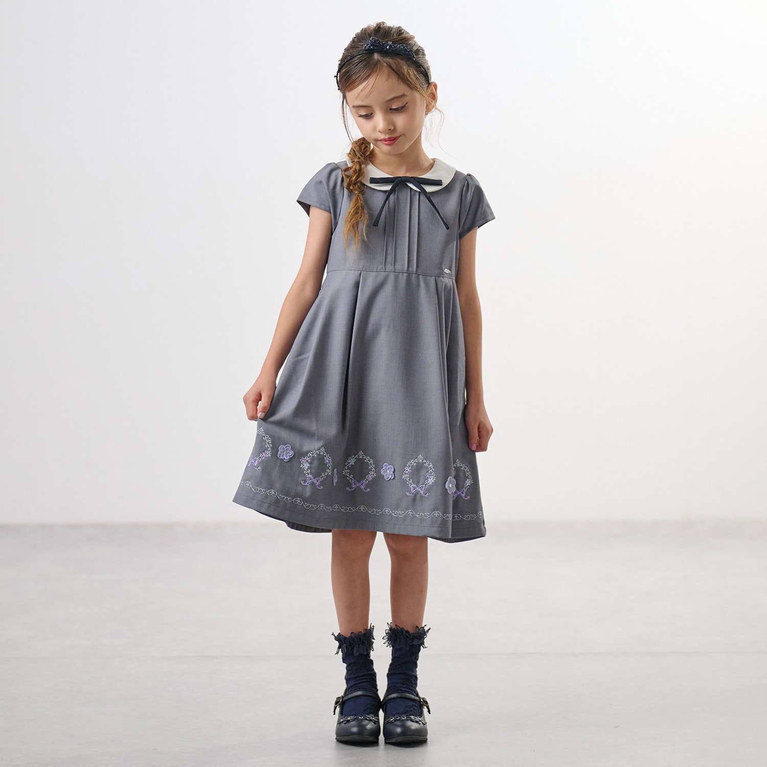 【ceremony】きちんと見え裾刺繍半袖ワンピース