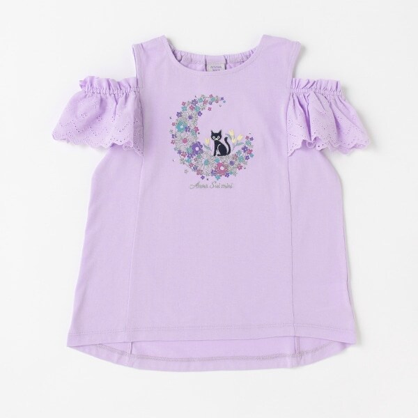 ☆月猫刺しゅう肩開き半袖Tシャツ(100cm ラベンダー): キッズ