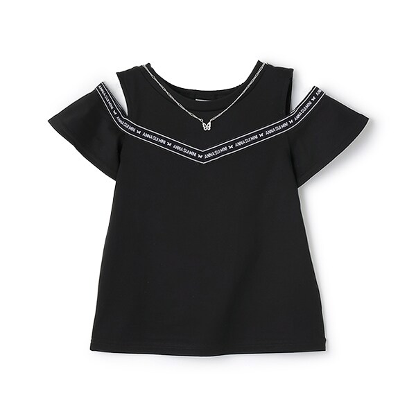 【人気商品再入荷】【直営店で取り扱い無し】ロゴテープ肩開き半袖Tシャツ・ネックレス付き【接触冷感＋UVケア】