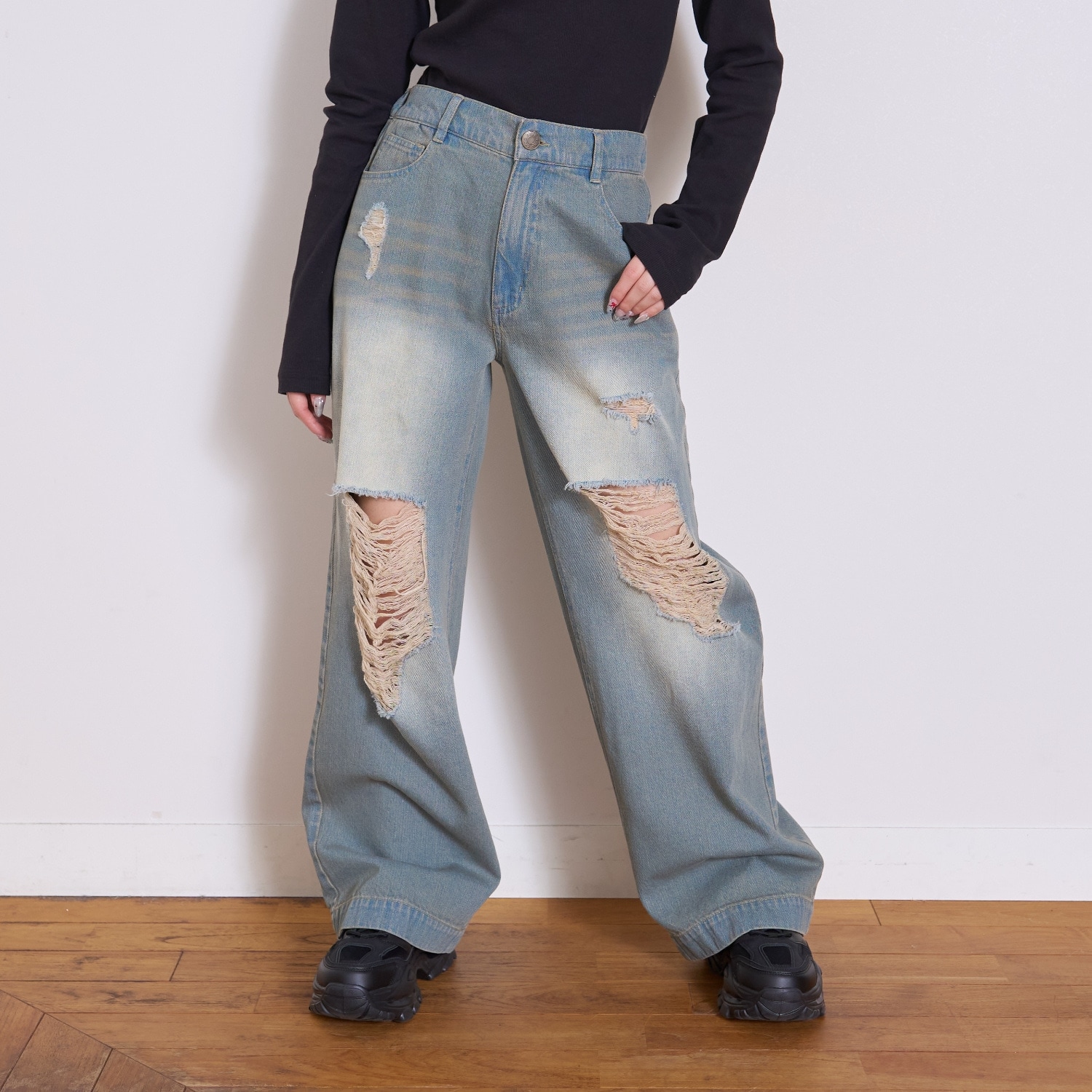 【LTXC】【セット可】ダメージデニムワイドパンツ