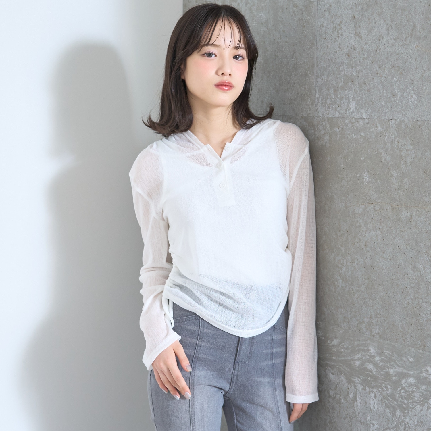 【LTXC】インナーつきシアーヘンリーフードニットカットソー