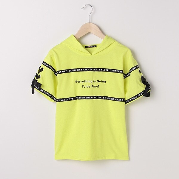 袖レースアップロゴテープフードつきTシャツパーカー