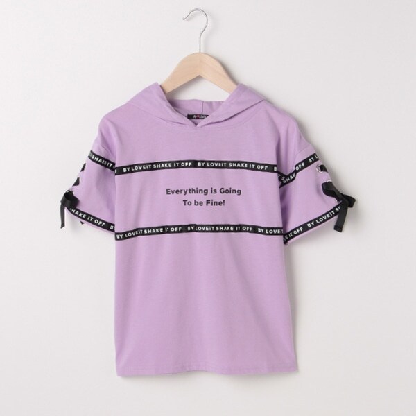 袖レースアップロゴテープフードつきTシャツパーカー