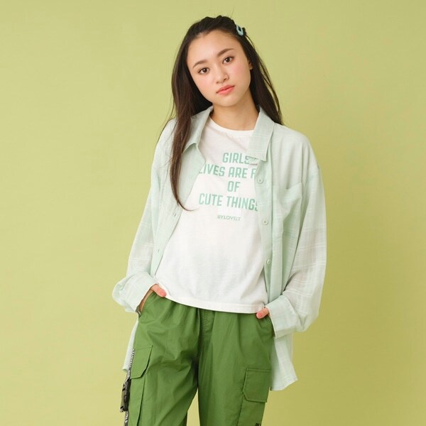 ロゴTシャツ×チェックシアーシャツセット(120 グリーン): ジュニア