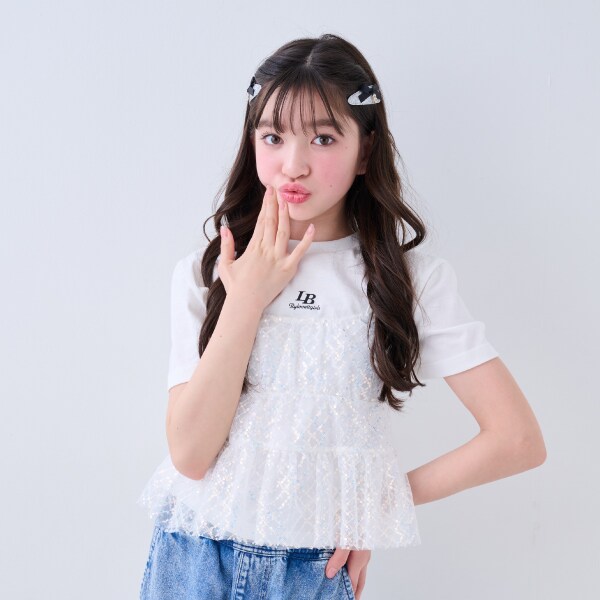 美品　アナスイミニ ビスチェ Tシャツ キュロット 3点セット　140 チェックビスチェ+長袖Tシャツセット(120cm サックス): キッズ