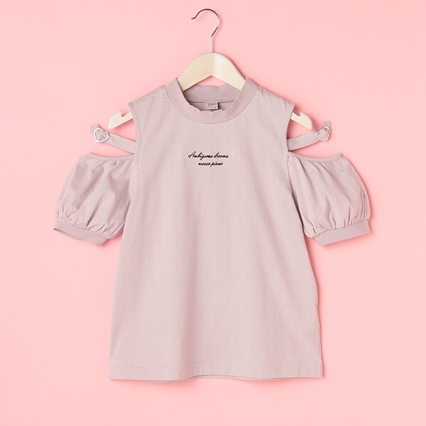 ハートバックル肩開きパフ袖Tシャツ