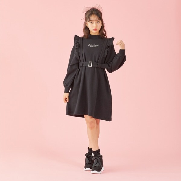 裏毛 フリルハーネスつきハイネックカットワンピース