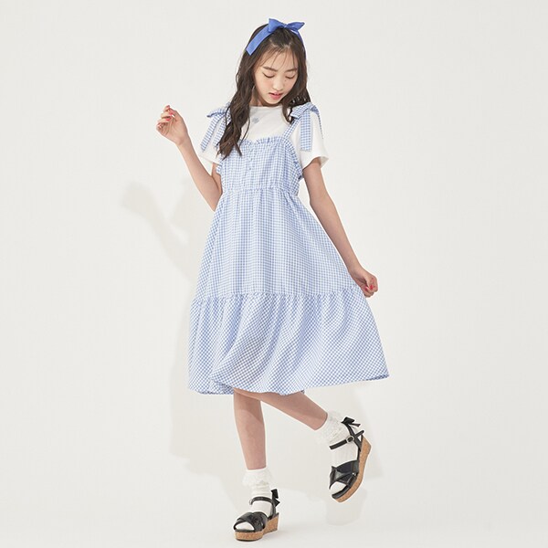 メゾピアノ S/140 ショルダーリボンワンピース＆Tシャツセット 夏服 半袖 ショルダーリボンワンピース＆Tシャツセット(S(140) サックス