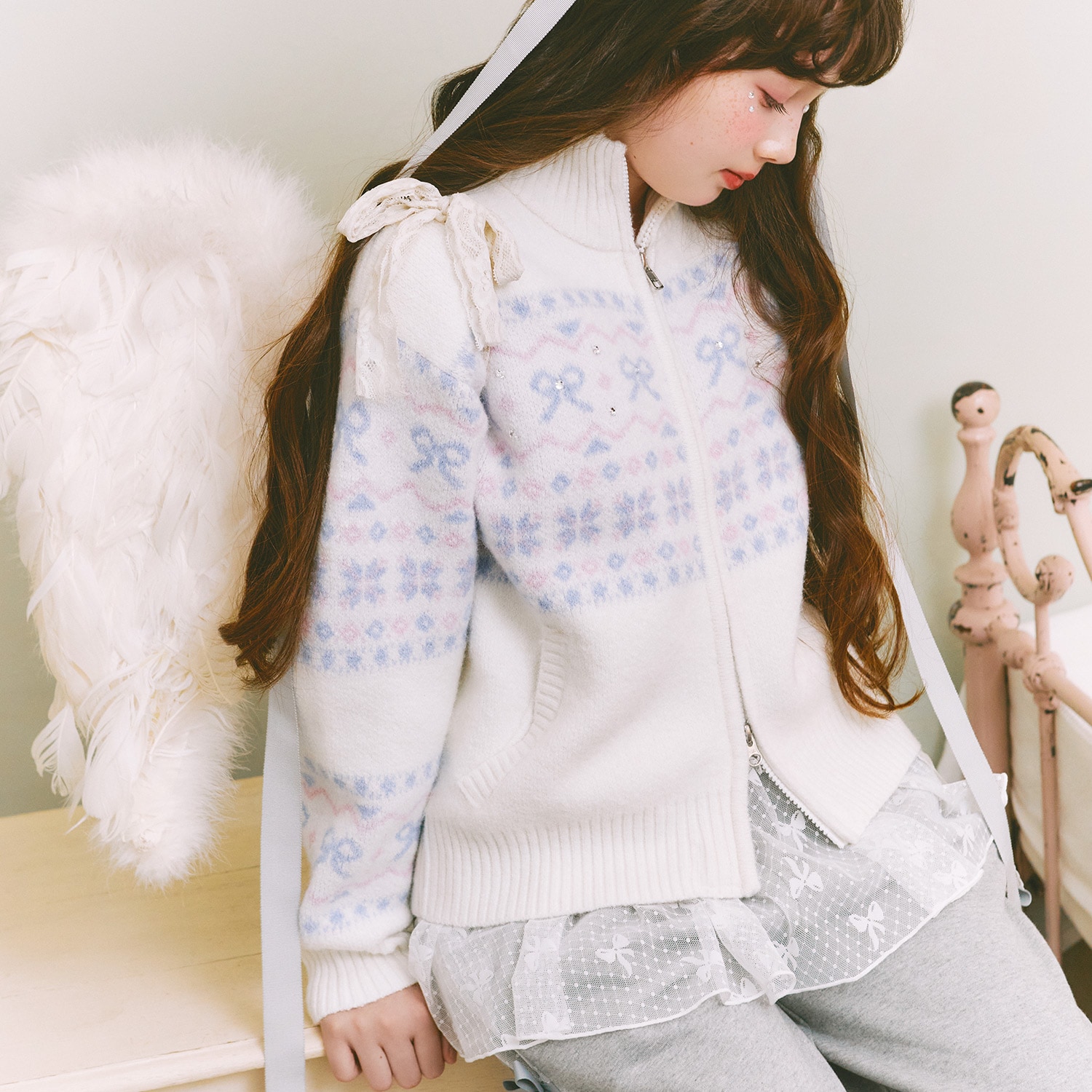 リボン柄ノルディックジップカーディガン