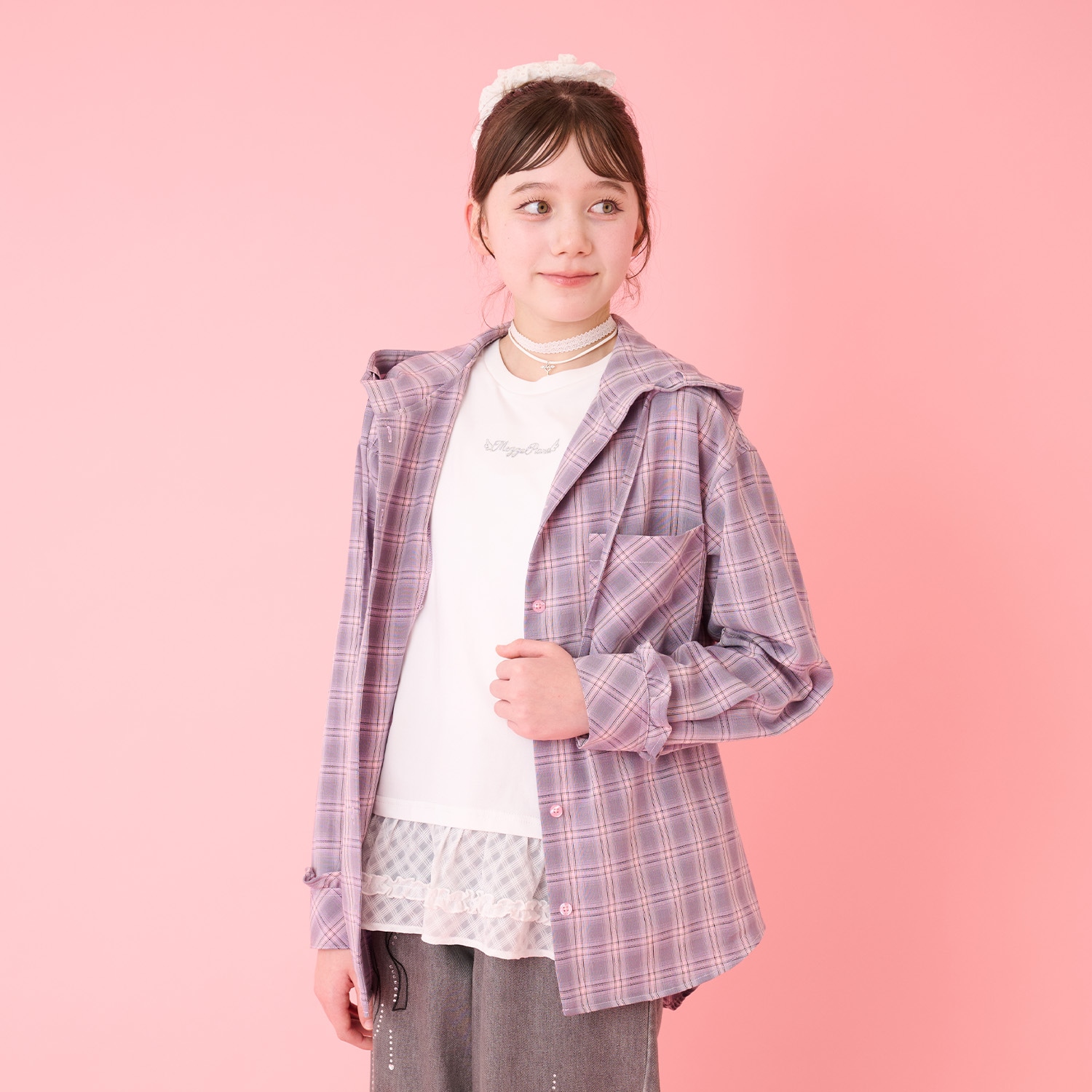 フード チェックシャツ