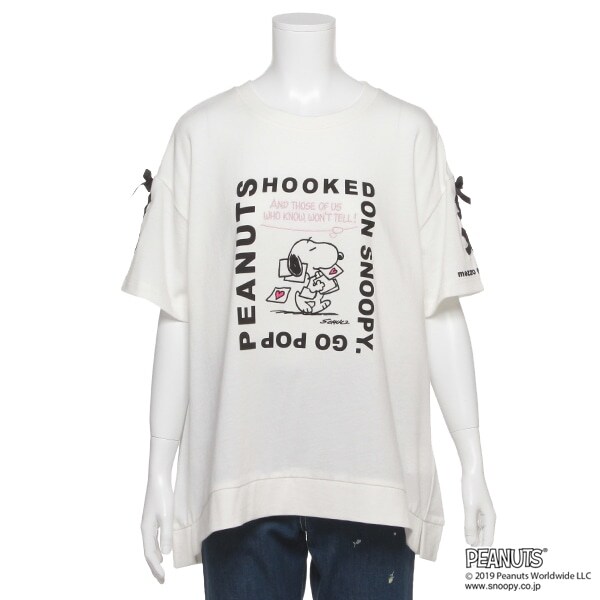 PEANUTSコラボ Aラインロング丈Tシャツ(S(140) オフ ホワイト