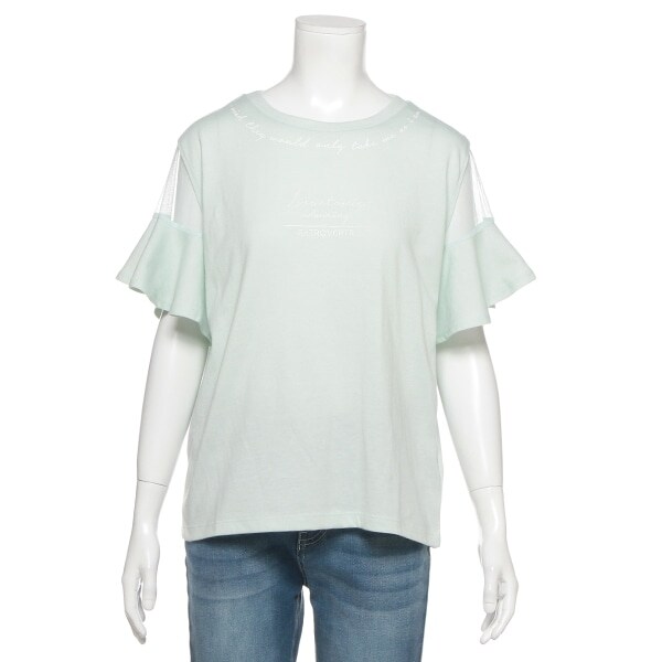 袖チュール切り替えフリルTシャツ