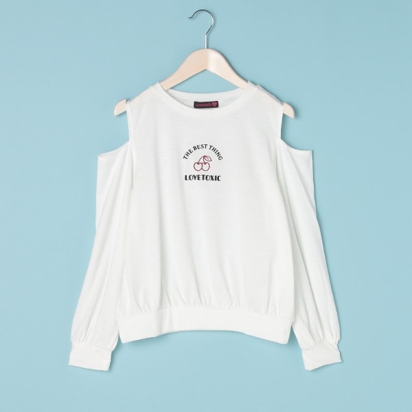 モチーフ刺しゅう肩開きTシャツ