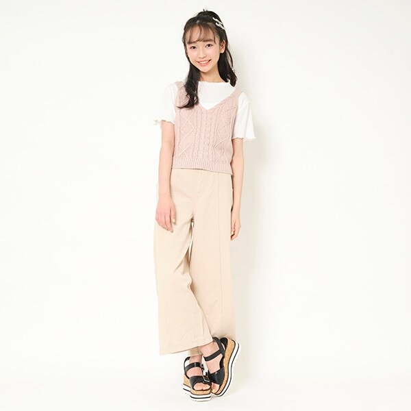 細ベルトつきセンター切り替えワイドパンツ